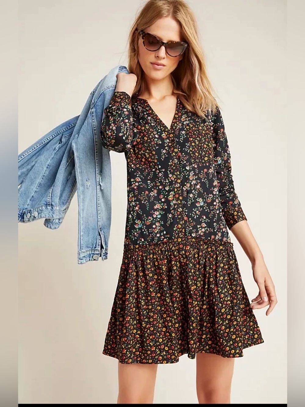 Anthropologie Maeve Dress Womens 10 Marlie Button Front Tunic Floral Long Sleeve
